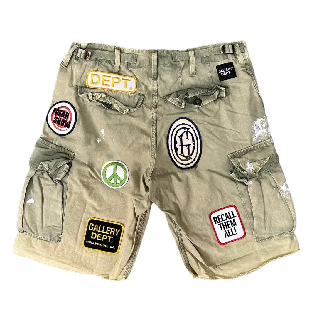 GALLERY DEPT. KENZIE FATIGUE CARGO SHORTS Patch embroidered shorts, distressed ink-splash overalls, olive green size 30/32/34/36, heavy wash garment dyeing, spray-on fade